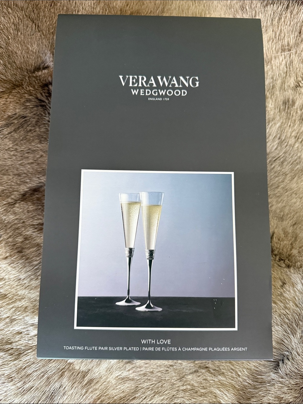 Vera Wang Silver Toasting Flute Pair with Black Box